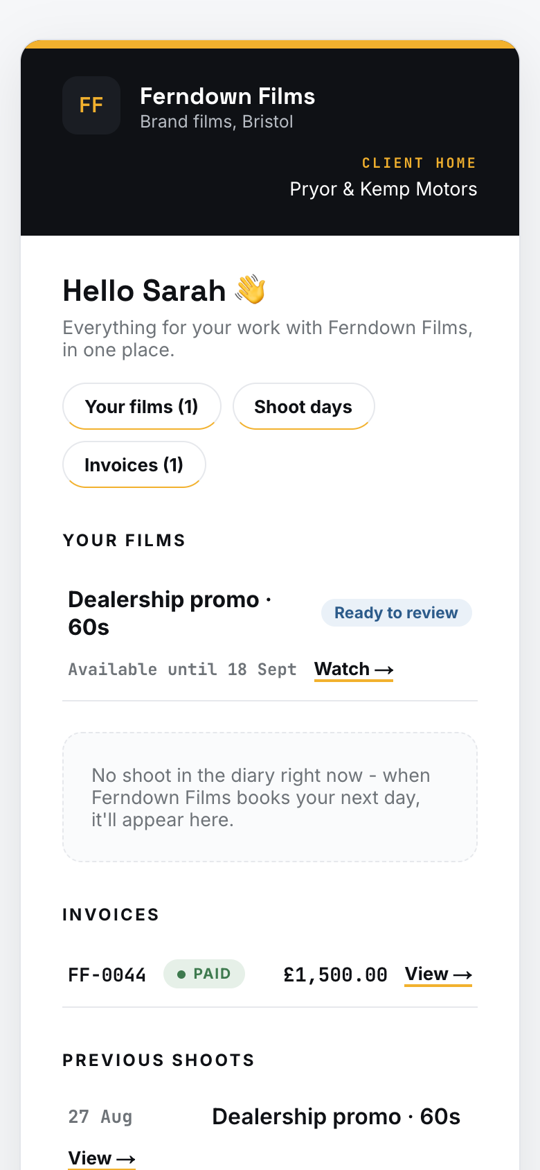 A client's home page on their phone: films, shoot days and invoices under the studio's name