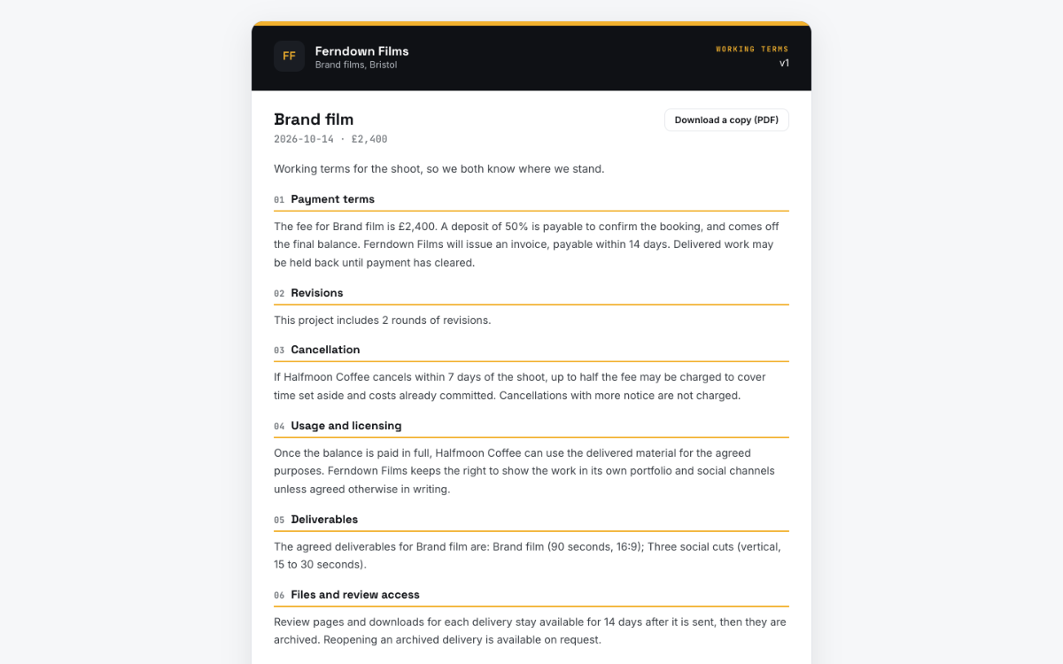 The working terms as the client sees them on their link, agreed with a typed name
