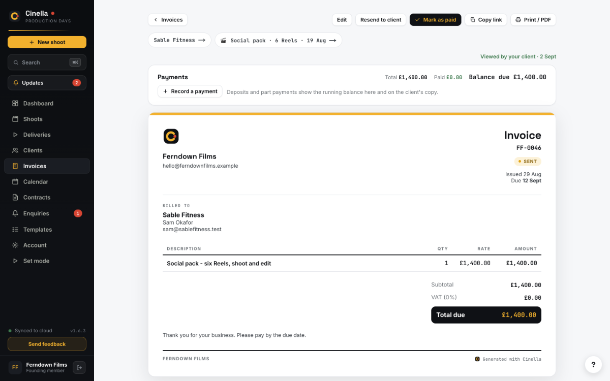 An invoice in the studio app showing that the client has viewed it