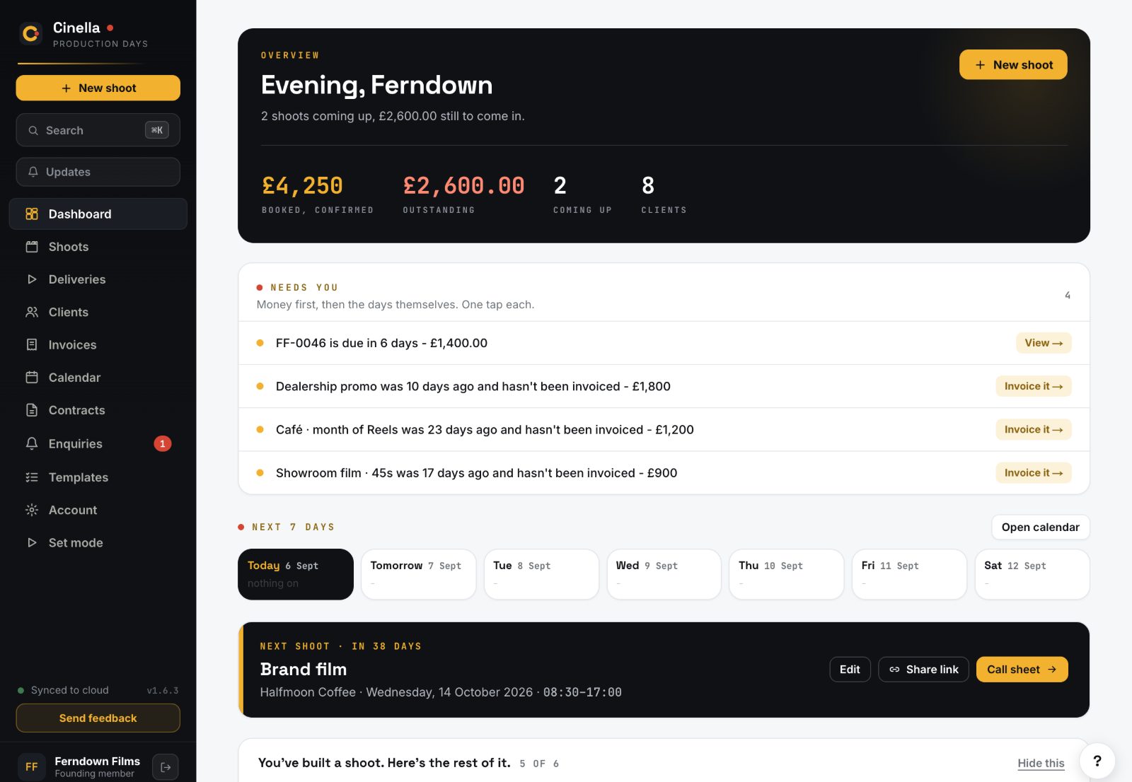 The studio dashboard: what is owed, the next seven days and the next shoot
